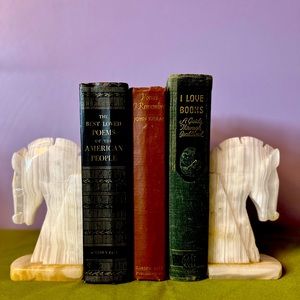 Vintage Alabaster Onyx Stone Carved Trojan Horse Bookends